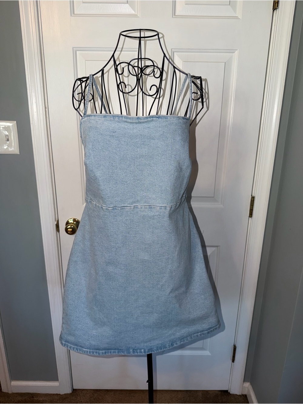 ZARA Light Wash Denim Mini Pinafore Dress Smocked Back Light Blue XXL